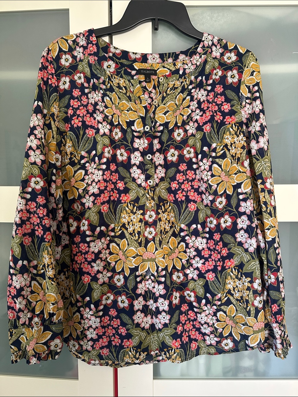 Talbots Navy Floral Henley Blouse with Pink & Mustard Accents